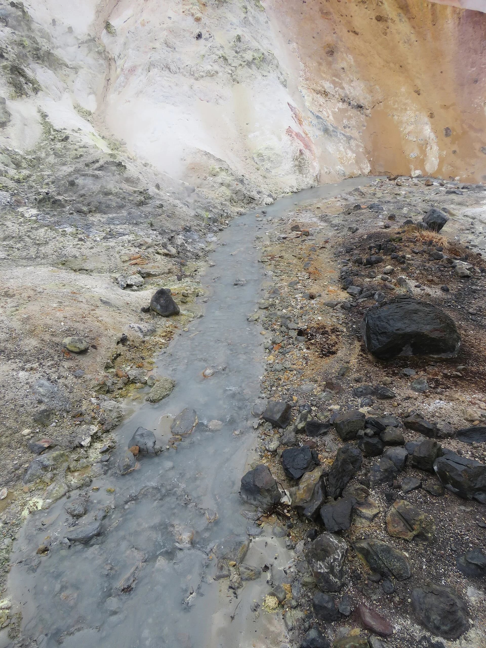 登別地獄谷の地表と湯の流れ。温泉地の火山活動を感じられる風景です。